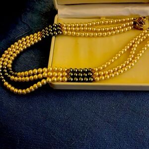Three stand ladies pearl necklace . Cream and blue pearls mixed